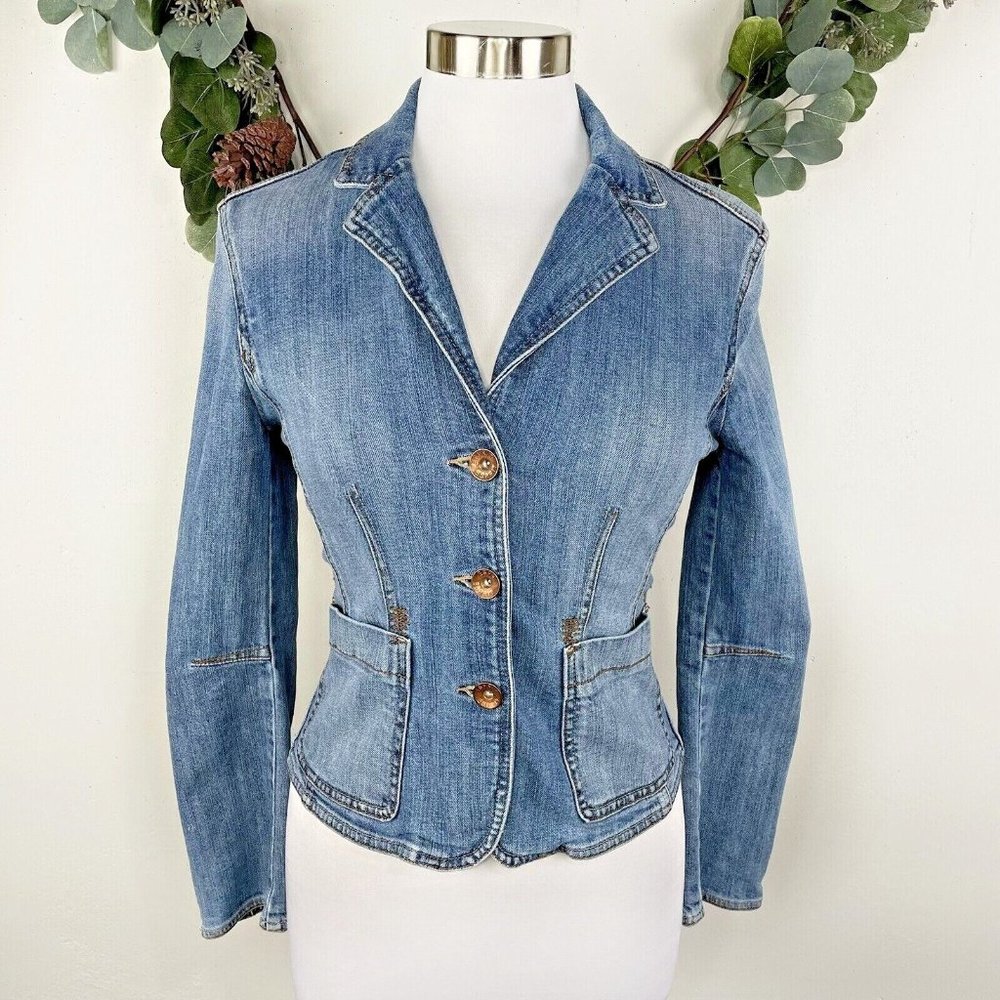 Y2K Esprit Jean Jacket Blazer Sz S Distressed Denim Elbow Patch Selvedge Vintage